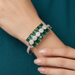 Rhodium Finish Geometric Block Panel Bangle with Vibrant Green Accents