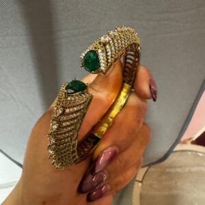Gold-Plated Open Bypass Cuff with Emerald Green Centerpieces