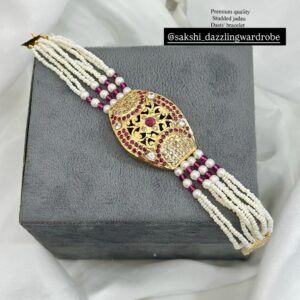 Antique Gold Oval Kundan Medallion Multi-Strand Seed Pearl Bracelet