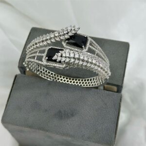 Black Gemstone and Diamond Open Bypass Cuff Bracelet