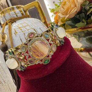 Heritage Textured Gold Panel Bangle with Large Round Earth-Tone Cabochon