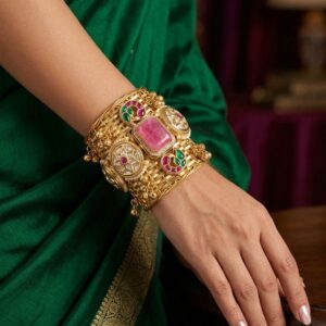 Broad Mesh Pink Stone Statement Cuff Bracelet