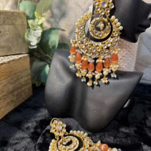 Gold Chandbali Earrings with Peach Drop Accents