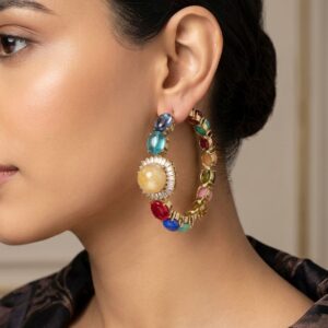 Multi-Gemstone Navratna Hoop Earrings