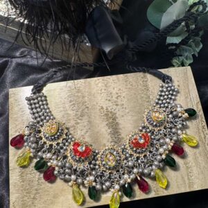 Oxidized Silver Hasli Choker with Meenakari Accents