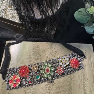 Oxidized Silver Floral Patchwork Choker