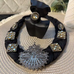 Oxidized Silver Peacock Velvet Collar Set