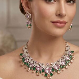 Royal Silver-Plated Wave Diamond Necklace with Hanging Emerald Beads
