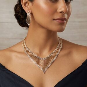 Rhodium-Plated V-Shaped Geometric Diamond Fringe Necklace Set