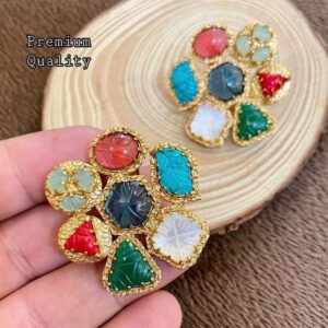 Navratan/Multicolor Carved Stone Statement Studs
