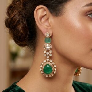 Regal Emerald and Uncut Polki Diamond Tiered Statement Drop Earrings