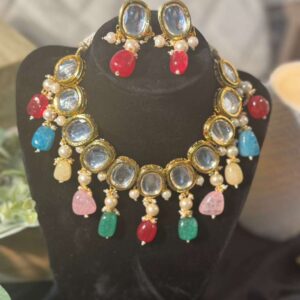 Traditional Kundan Choker and Earring Set with Multicolor Pastel Gemstone Drops