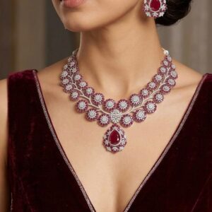 Scalloped Ruby and Cubic Zirconia Collar Necklace & Earring Set