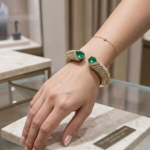Gold-Plated Open Bypass Cuff with Emerald Green Centerpieces