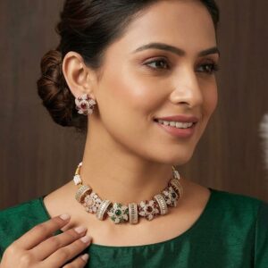Gold-Plated Antique Floral Choker Set with Tiny Pearl Bunches