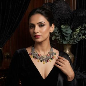 Oxidized Silver Hasli Choker with Meenakari Accents