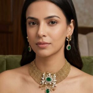 Antique Gold-Plated Multi-Layer Mesh Choker Necklace Set with Emerald Green Stone and Pearl Floral Pendant