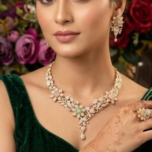 Hazoorilal inspired Mint and Pink Floral Diamond  Necklace