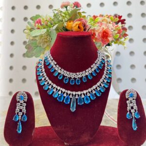 Double-Layer Topaz Blue Crystal and Diamond Chandelier Necklace Set