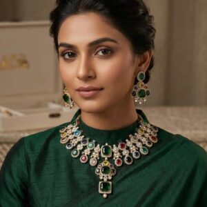 Emerald and Multi-Gemstone Navratna-Style Statement Choker Set