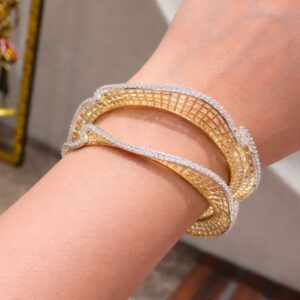 Architectural Gold Lattice Waves Bangle with Silver-Plated Edges