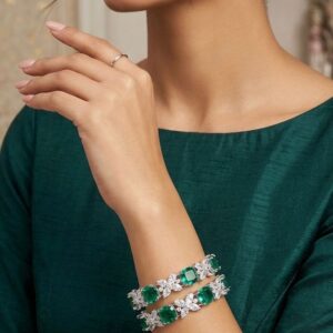 Royal Emerald and Floral Diamond Link Bangles