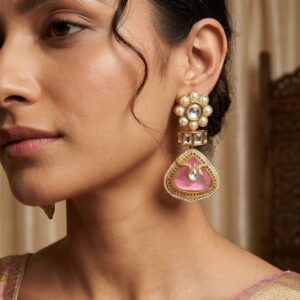 Gold Pearl Floral Studs with Pastel Pink
