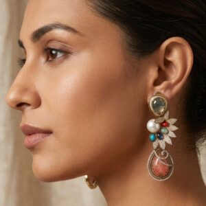 Antique Gold Multicolor Semi-Precious Stone Multi-Tier Drop Earrings