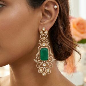 Regal Emerald and Kundan Chandelier Statement Earrings