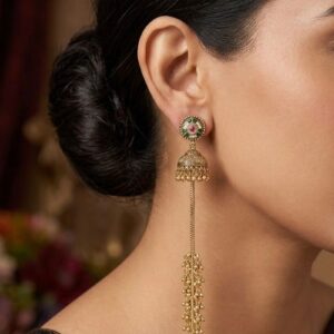 Traditional Gold-Plated Long Chain Kashmiri Jhumka Earrings