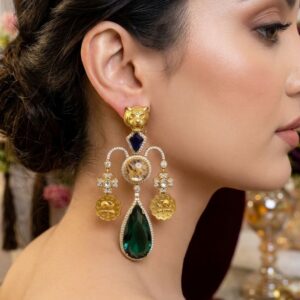 Gold-Plated Emerald & Polki Kundan Heritage Chandelier Earrings
