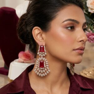 Rhodium-Plated Ruby Red & American Diamond Double Tier Statement Chandelier Earrings