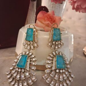 Antique Gold-Plated Turquoise & American Diamond Double Tier Statement Dangler Earrings