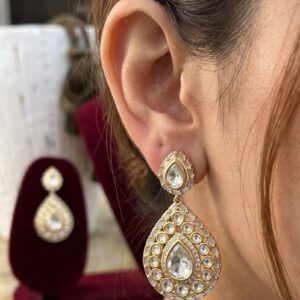Gold-Plated Two-Tier Moissanite Polki Kundan Tear-Drop Dangler Earrings