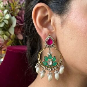 Gold-Plated Navratna-Inspired Floral Chandbali Earrings
