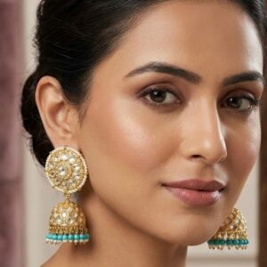 Royal Gold-Plated Statement Jhumka Earrings with Turquoise Bead Drops