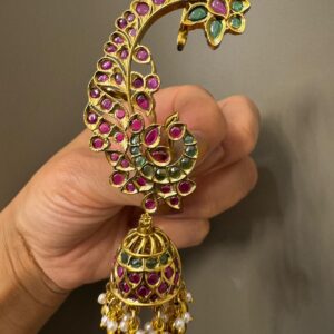Gold Peacock Ear Cuffs with Jhumka Drops