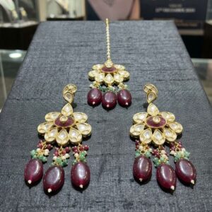Deep maroon/wine-red carved stone Earrings Set