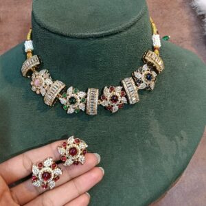 Gold-Plated Antique Floral Choker Set with Tiny Pearl Bunches