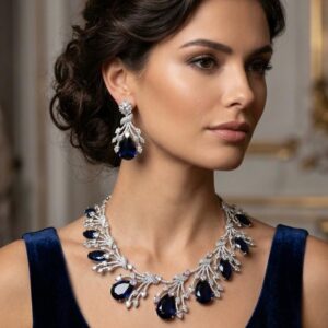 Sapphire Blue Pear-Cut Crystal and Cascading Diamond Vine Necklace Set