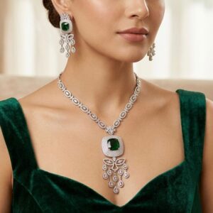 Emerald Cushion-Cut Drop Tassel Diamond Necklace Set,