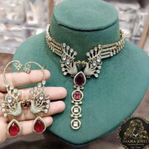 Twin Peacock Statement Neckpiece embellished with Ruby and Baby pink stones