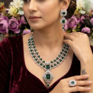 Double-Strand Emerald and Diamond Statement Necklace Set