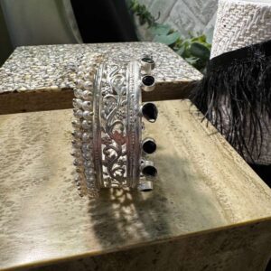 Oxidised Silver-Plated Broad Filigree Cuff Kada Bangle with Ghungroo
