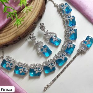Silver-Plated Firoza Blue Crystal Choker Necklace and Drop Earrings Jewelry SetProduct