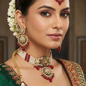 Antique Gold Kundan Bridal Choker Necklace and Heavy Jhumka Earring Set