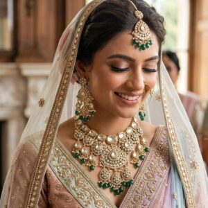 Regal Gold-Plated Kundan Bridal Jewelry Set – Heavy Choker, Earring & Maang Tikka Combo with Green Beads