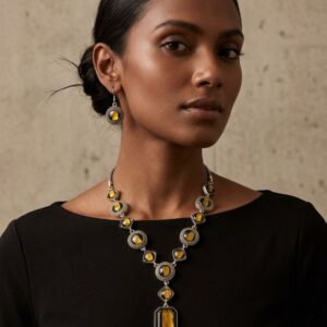 Vintage Silver Tiger’s Eye Cabochon Statement Necklace & Drop Earring Jewelry Set