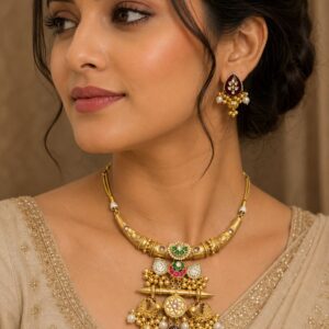 Antique Gold-Plated Matte Finish Pendant Choker Necklace
