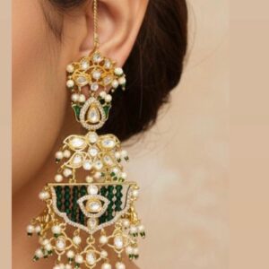 Gold-Plated Green Meenakari Kundan Long Earrings